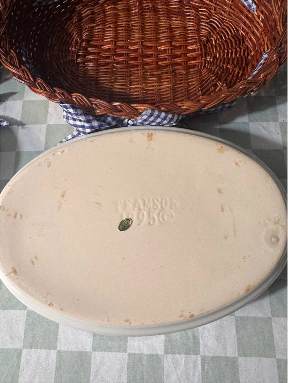 Teamson 1995 Oval Serving Bowls with Wicker Holders and Blue Gingham